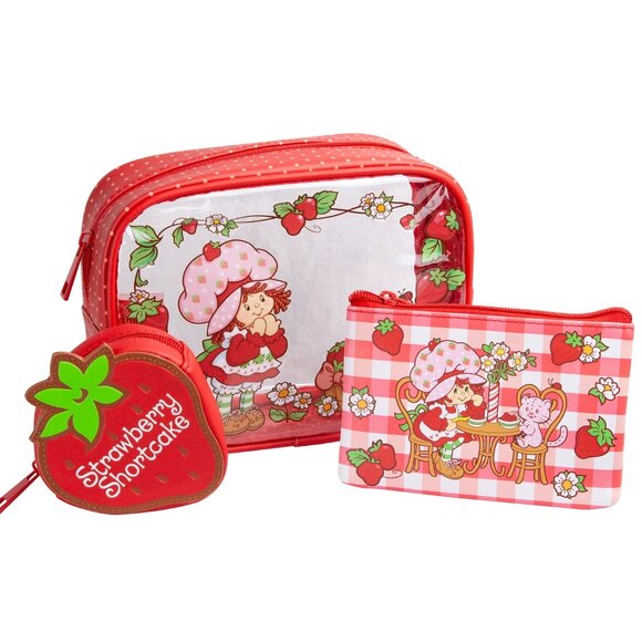 Strawberry Shortcake Cosmetic 3-Piece Zippered Bag Set Red Gingham NEW - Picture 1 of 10